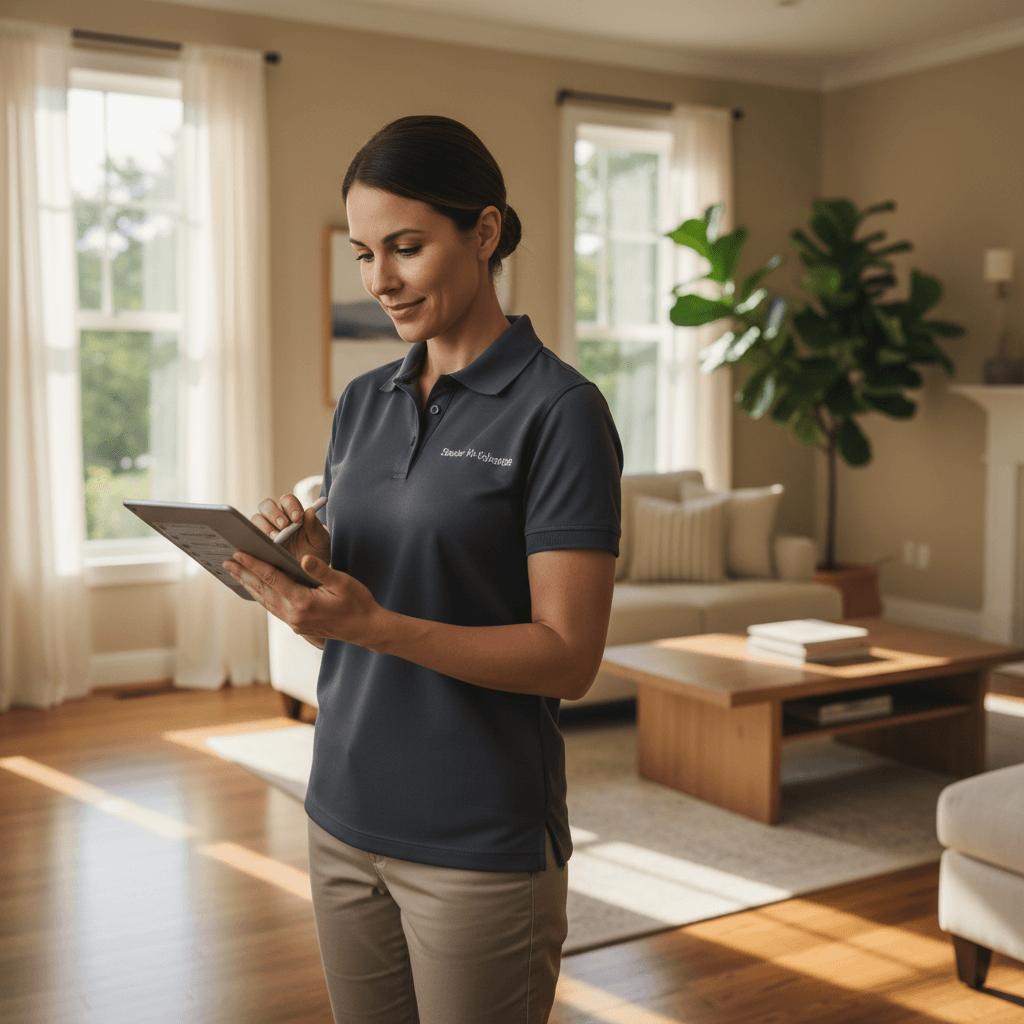 Professional cleaner checking quality on completed residential cleaning