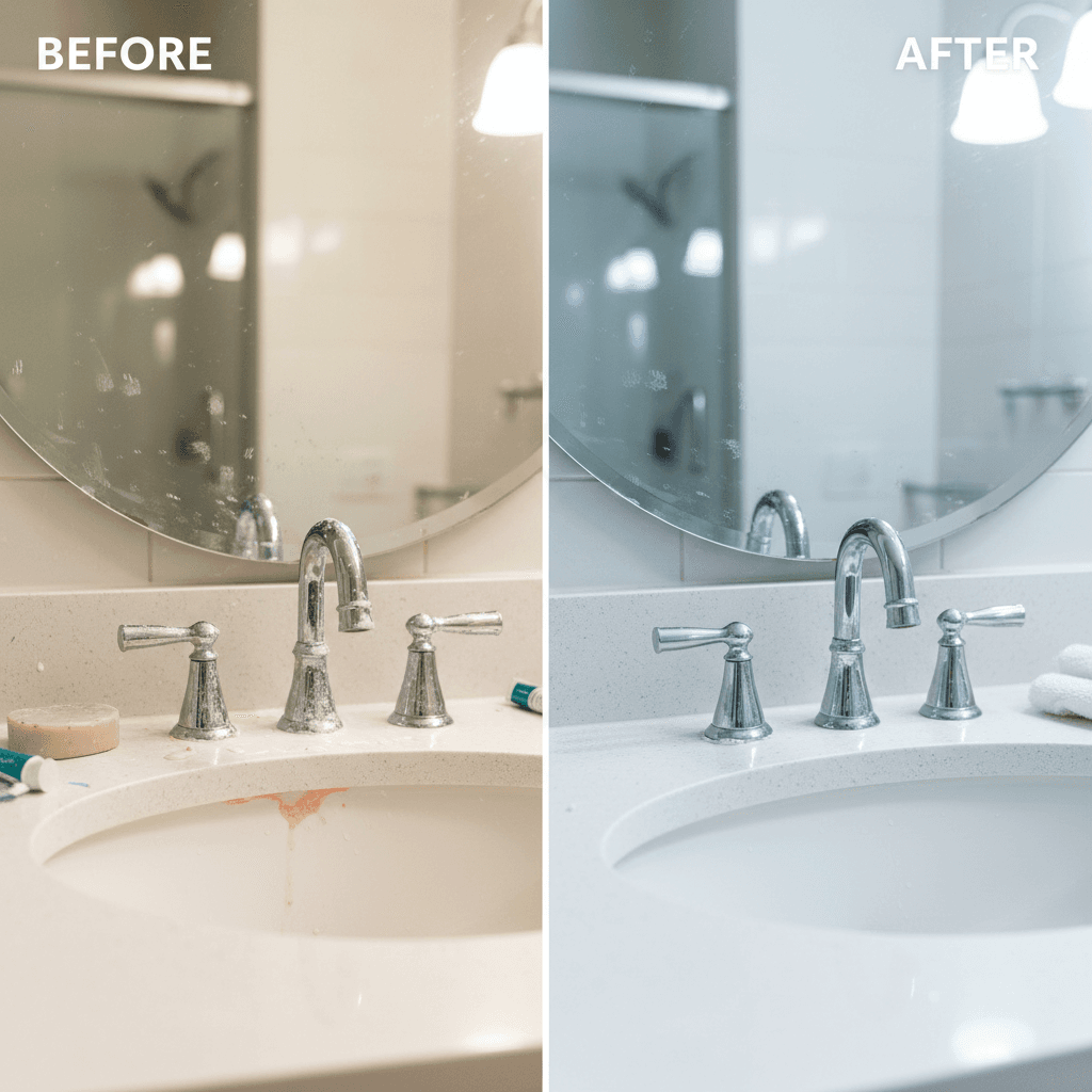 Bathroom mirror and sink before and after cleaning