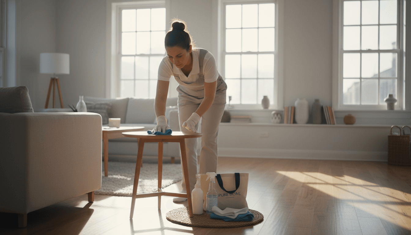 Professional cleaner using microfiber cloth on wooden furniture in bright living room
