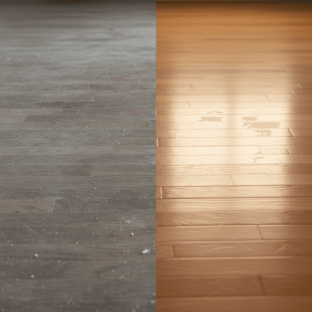 Hardwood floor before and after professional cleaning