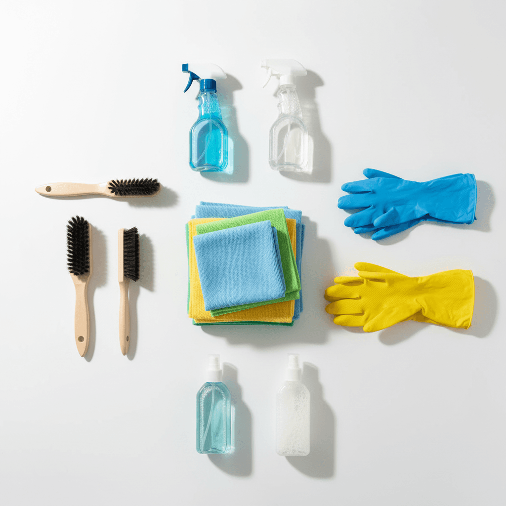 Professional cleaning equipment and supplies neatly organized