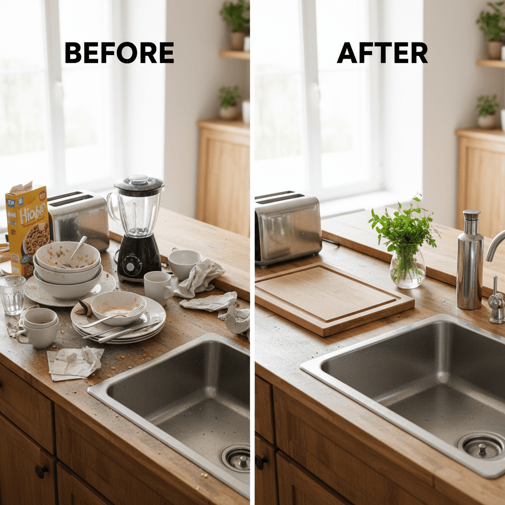 Kitchen countertop before and after cleaning