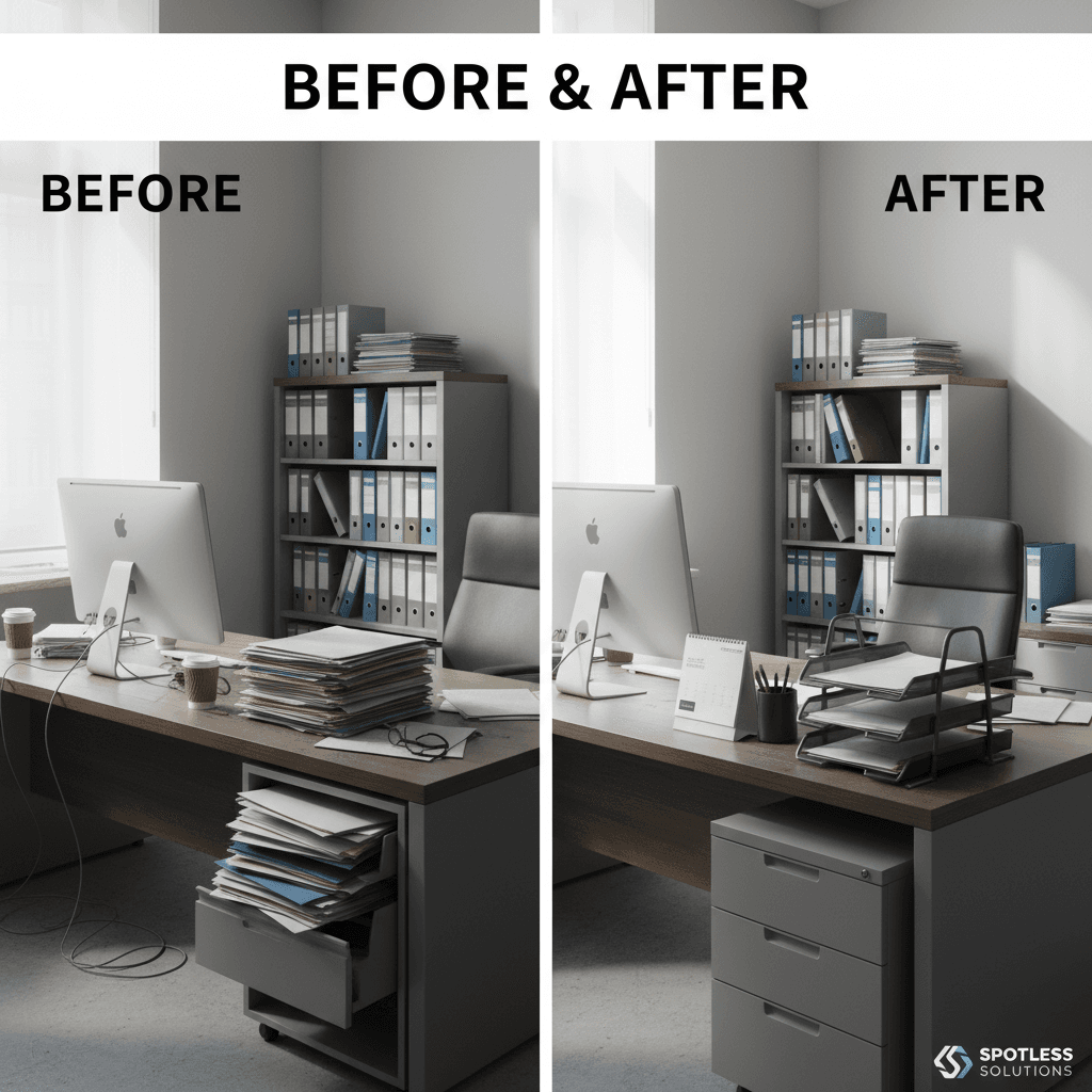 Office workspace before and after professional cleaning