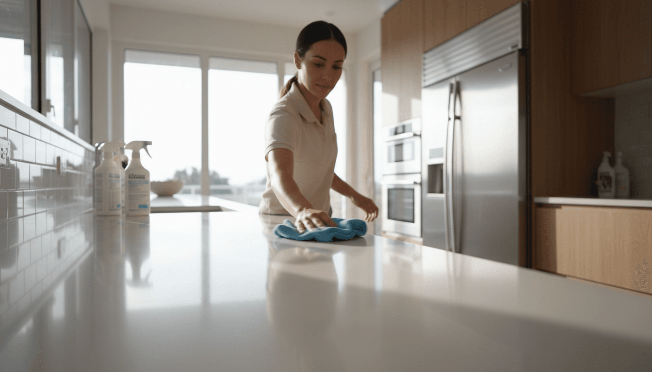 Professional cleaner carefully wiping a modern kitchen countertop